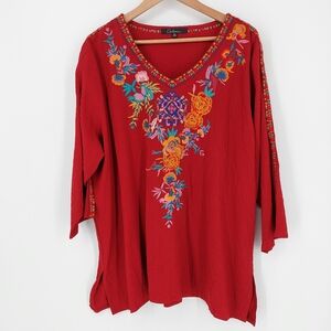 Calessa Floral Embroidered Red Crepe Fabric Top, Sz 2X